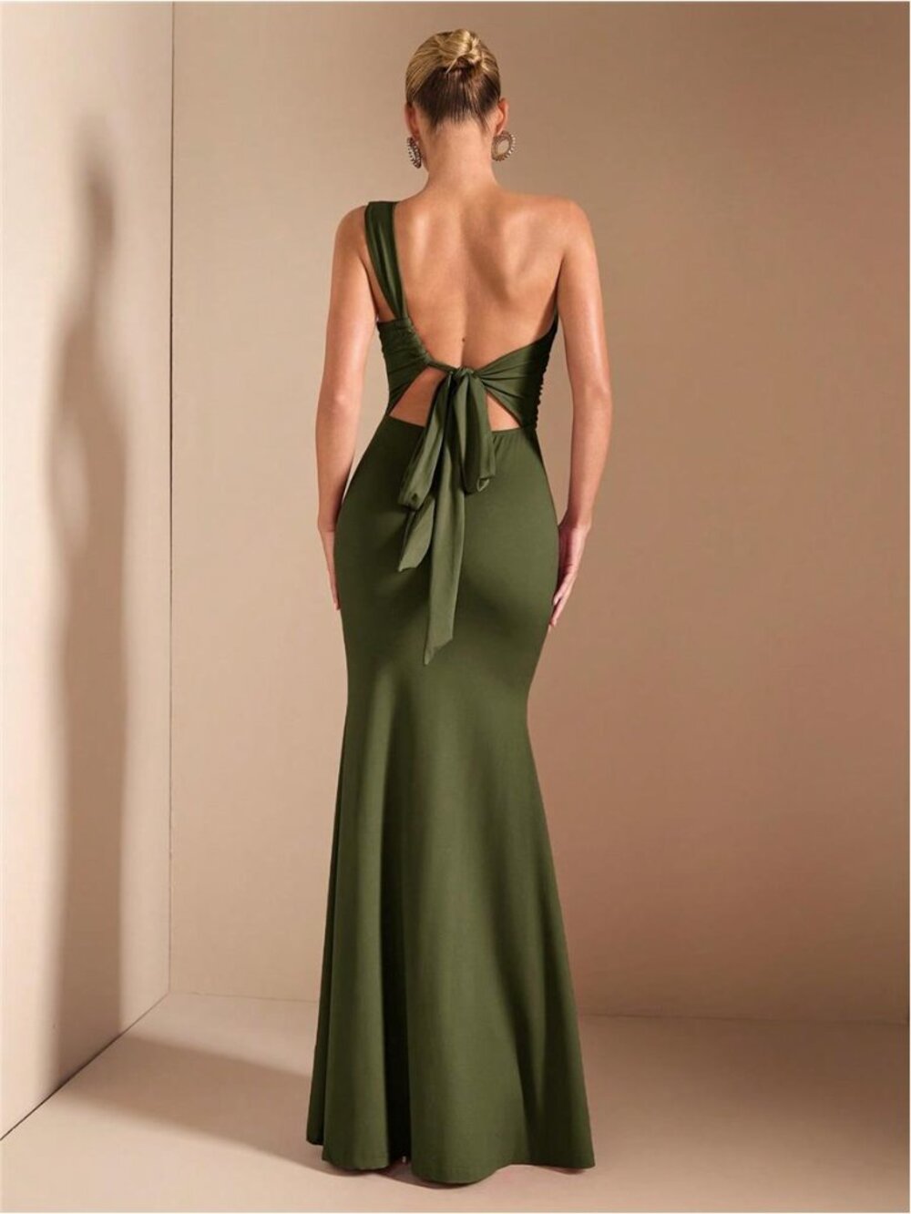 NEW - Olive Green One Shoulder Backless Mermaid Maxi Dress